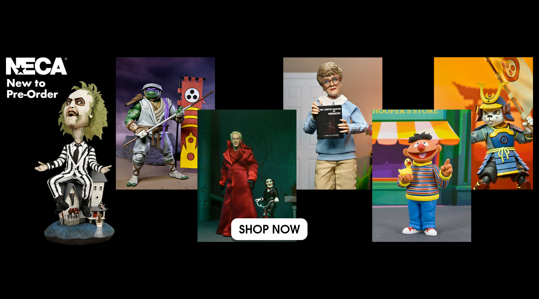 See the new NECA action figures available to pre-order at Costume Super Centre Australia. With new TMNT, Beetlejuice, Murder She Wrote, Saw and Sesame Street there's something for every collector!